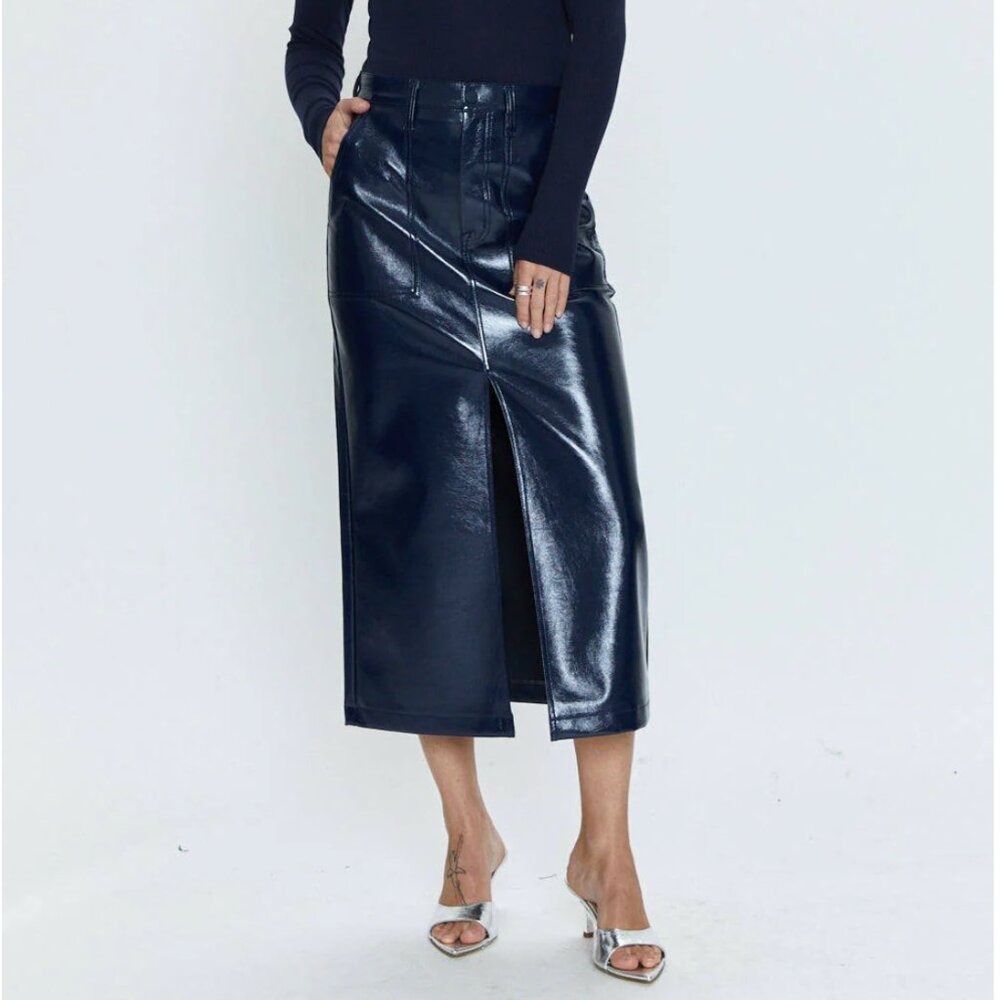 NWT Pistola Alice Utility Navy Vinyl / Faux Leather Front Slit Midi Size 30